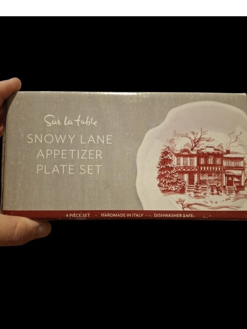 Set Of 4 Sur La Table Snowy Lane Appetizer Plates Red and White Christmas
